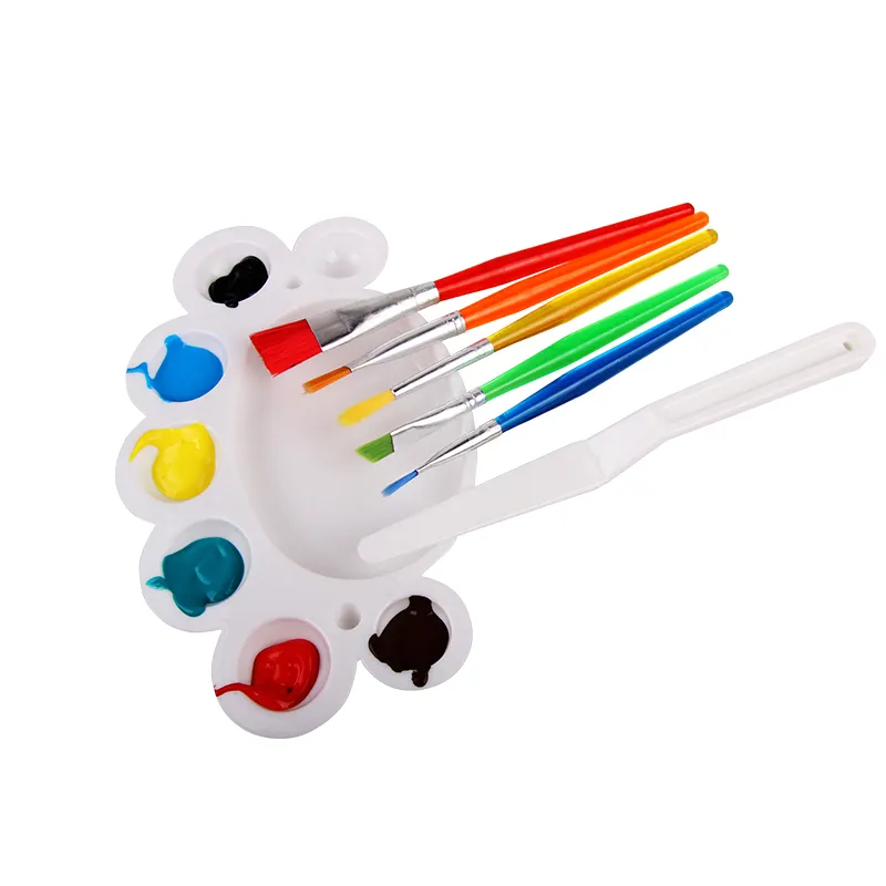 New Children 7 Pieces Candy Color Plastic Handle Paintbrush Art Watercolor Paint Brush Set With Palette And Clay Knife