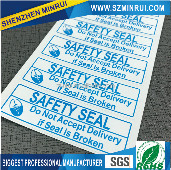Custom blue safety seal destructible vinyl label stickers Do not accept delivery if seal is broken