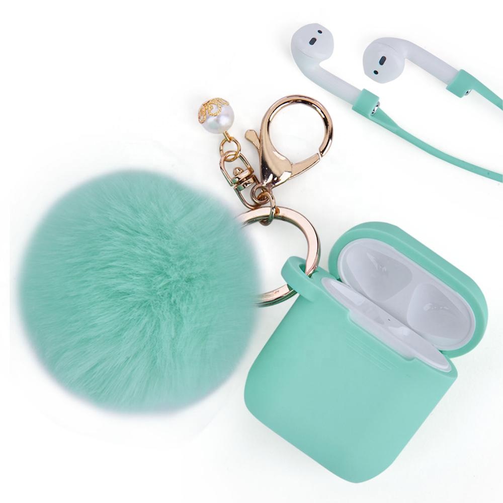 Чехол с помпоном для AirPod 2, противоударный защитный силиконовый чехол для Air pods, чехол для зарядки с брелоком