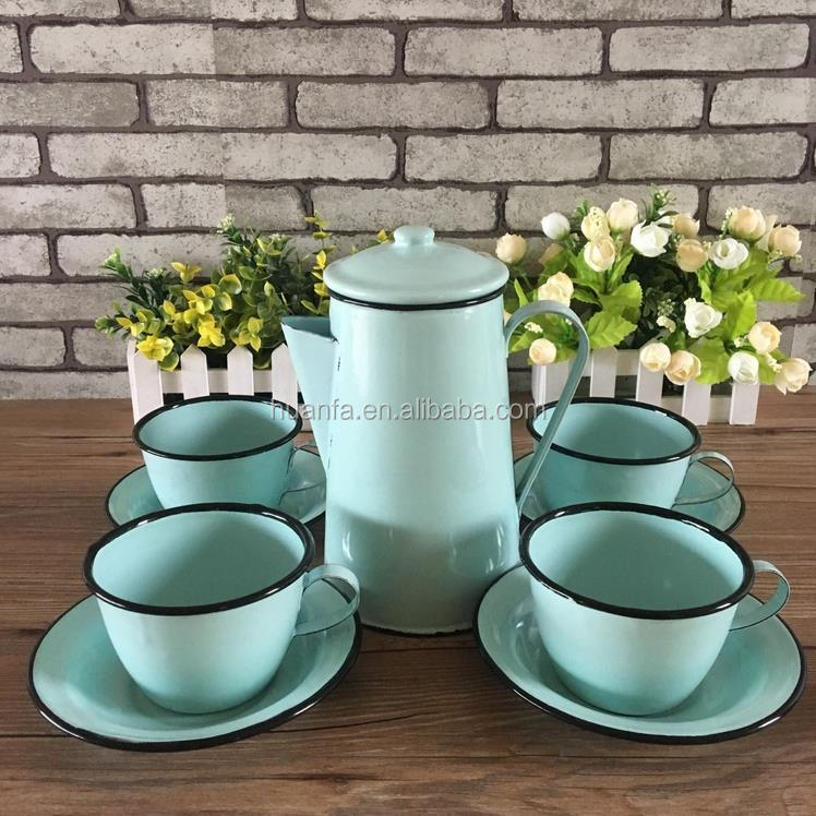 Custom color and logo Enamel 8 Cup Coffee Pot with 4 coffee Mug Set