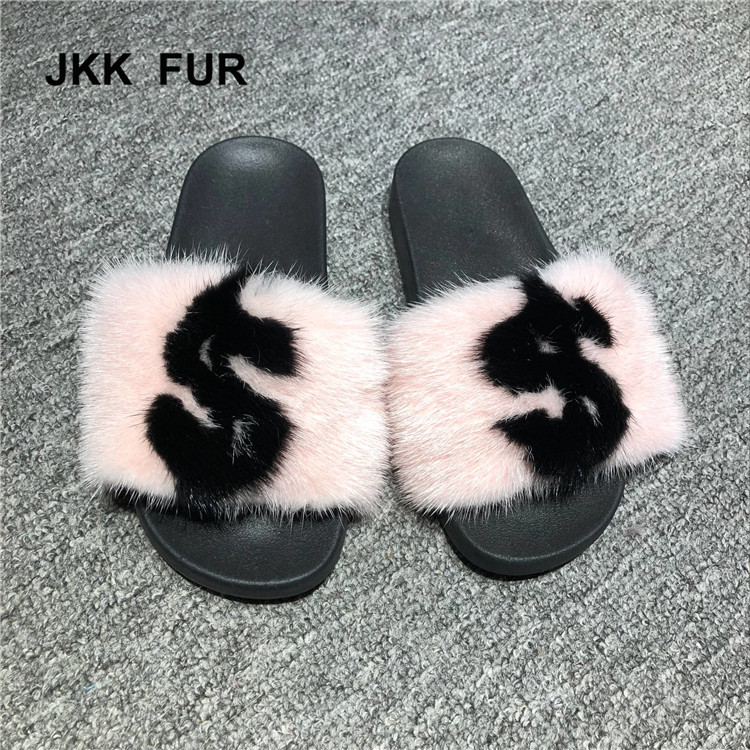 Wholesale Luxury Indoor Real Mink Fur Slippers for Women Fur Slides Lady Sandals