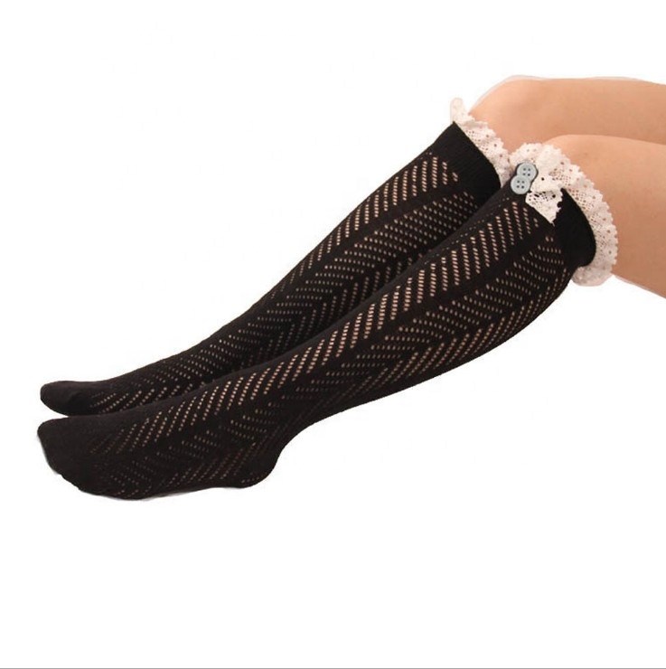 Woman Fashion slouchy button lace boot socks, Girl Knit Boot Socks With Lace