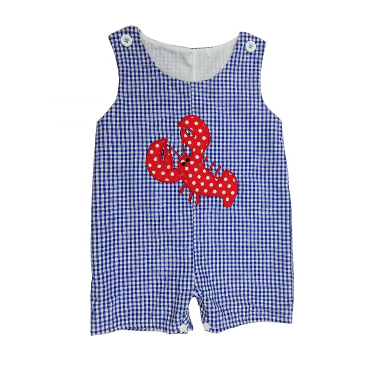 Gingham/в крепированную полоску Раков аппликация» эксклюзивная одежда для детей; Одежда для детей; Летняя одежда для мальчиков Детский комбинезон