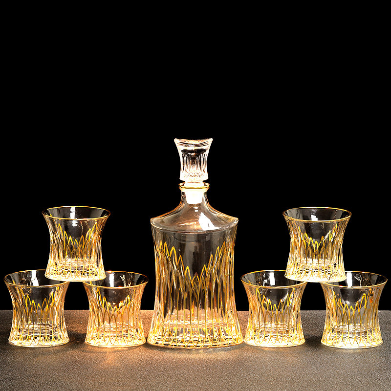 European style 7pcs Lead-free golden whiskey decanter set whiskey glass cup bar set