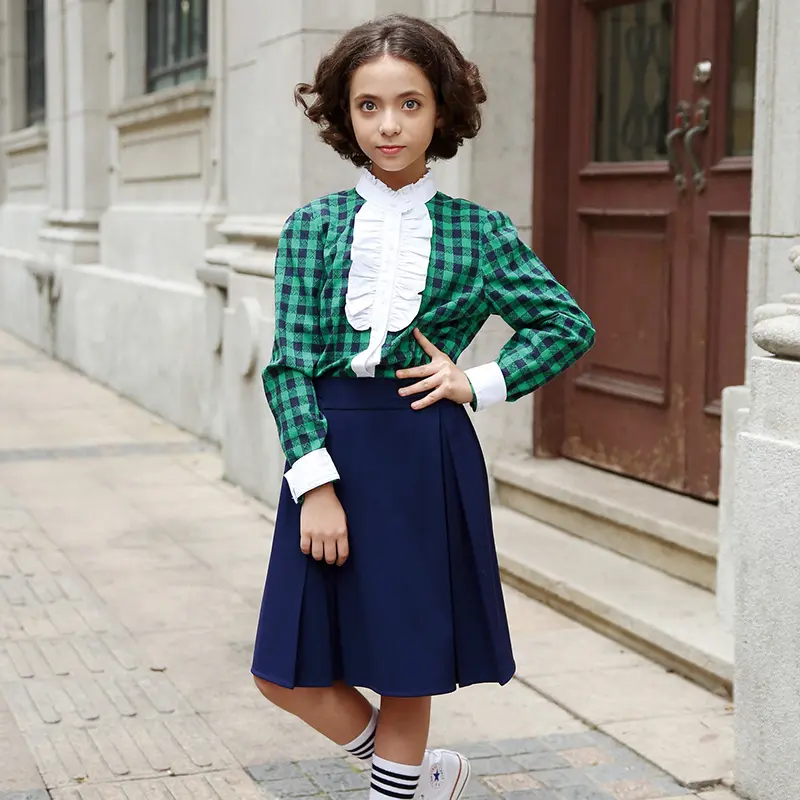 Hot sale factory price custom 2piece set green plaid girls Shirt and navy Pleated skirt School Uniforms