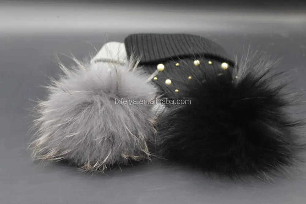 Beanie Grey Black Christmas Raccoon Fur Pompom Pearl Hat Jewel Studs Beanies