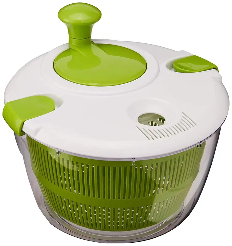 Salad Spinner, Green and White, allows you to wash and dry salad greens in the spinner without removing the lid.