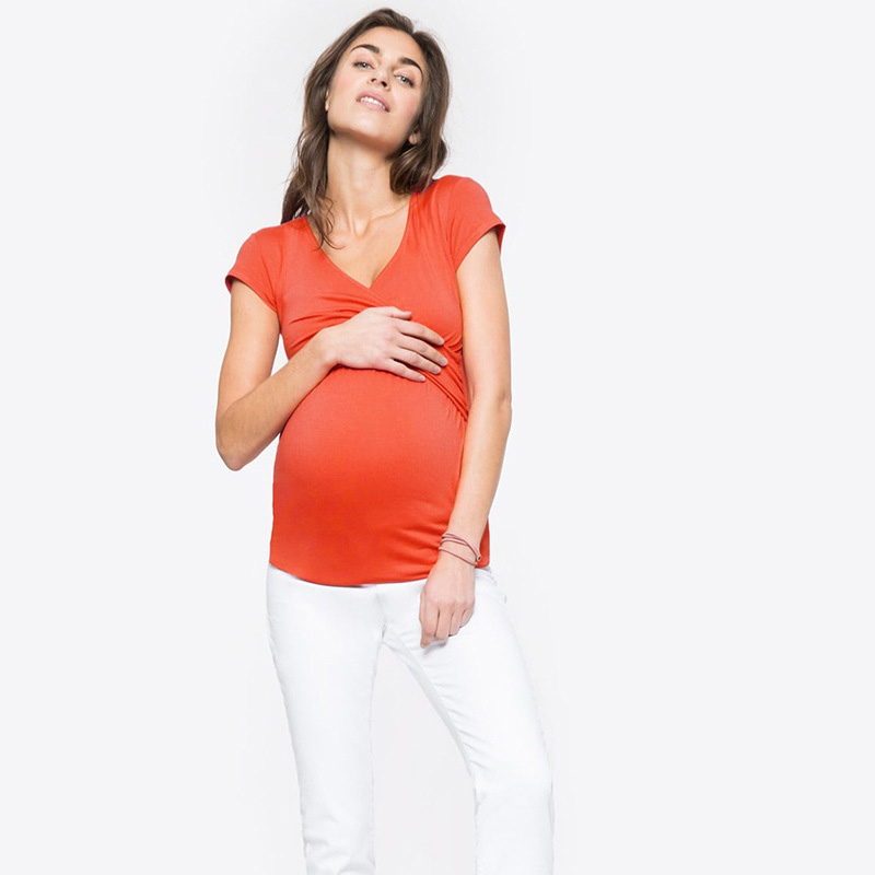 V Neck Women Solid Pregnant T Shirt Nursing Baby Maternity Multifunctional Short sleeve T-Shirt Casual Clothes Tee