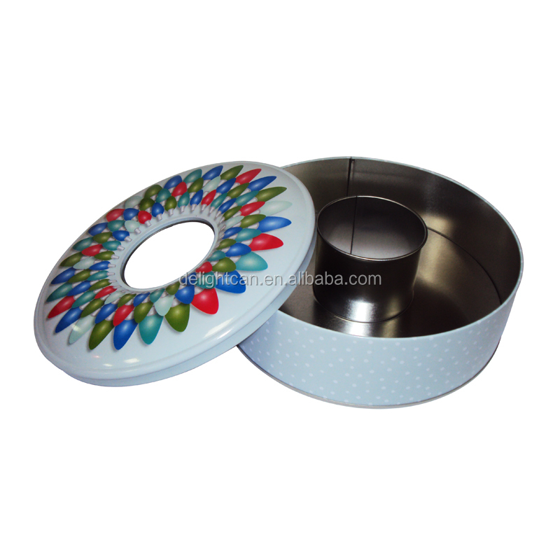 round garland shaped tin box for biscuit candy for Christmas