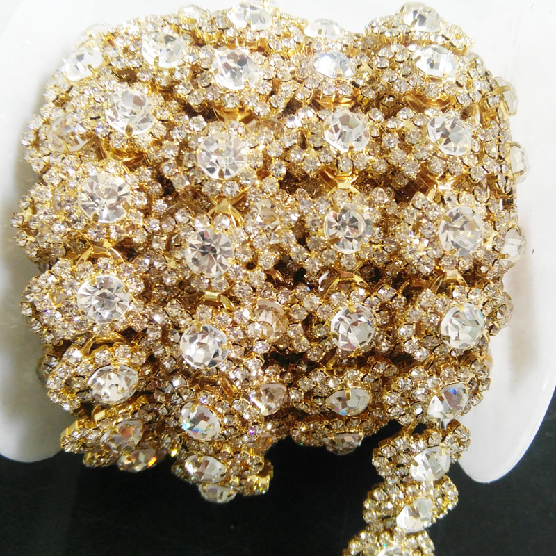 Best Sale Blingbling Gold Applique Flower Rhinestone Beaded Trimming