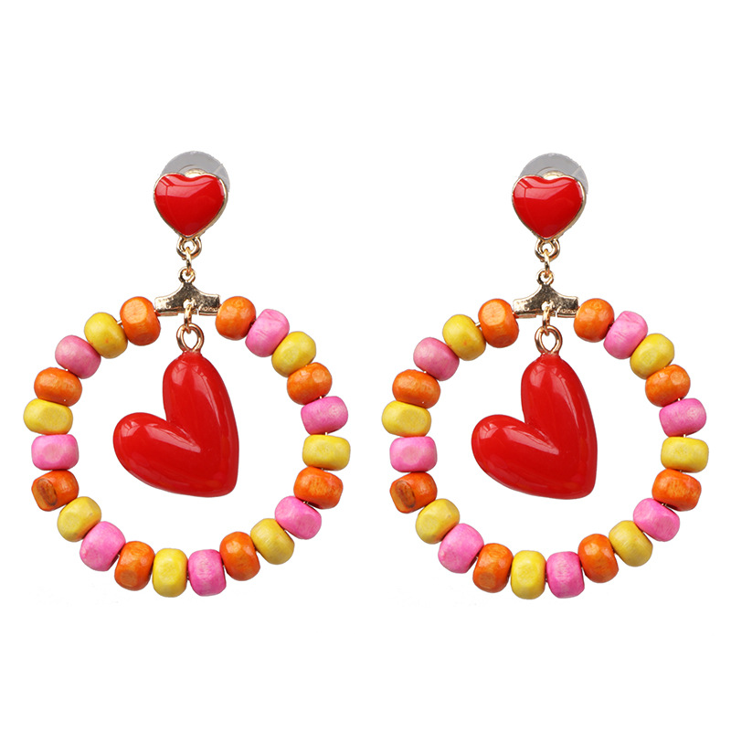European and American style retro colorful heart-shaped wooden beads handmade earrings for women