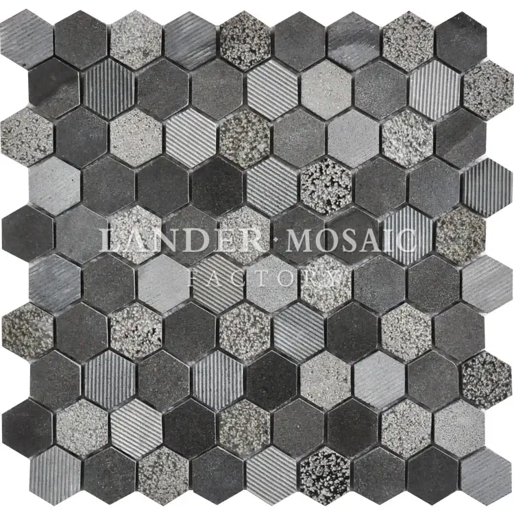 black grey marble mosaic tile hexagonal new product 2017 BushHammered anti-skid bathroom tile