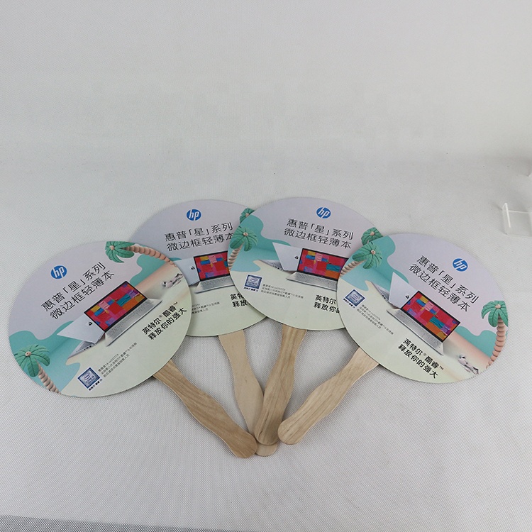Custom Shaped Wooden Handle Paper Paddle Hand Held Fans