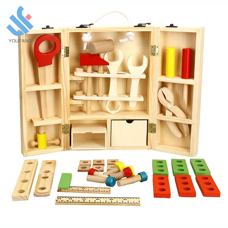 YF-J086 Деревянный инструмент игрушки 43pcs DIY строительный набор инструментов ролевые игры игрушка Зеленый деревянный портативный инструмент коробка для снастей для детей