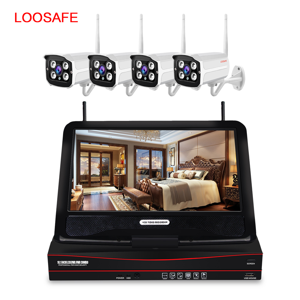 LOOSAFE 4ch Wi-Fi nvr kit 10-дюймовый экран 2mp камера ночное видение беспроводные камеры видеонаблюдения 1080p система