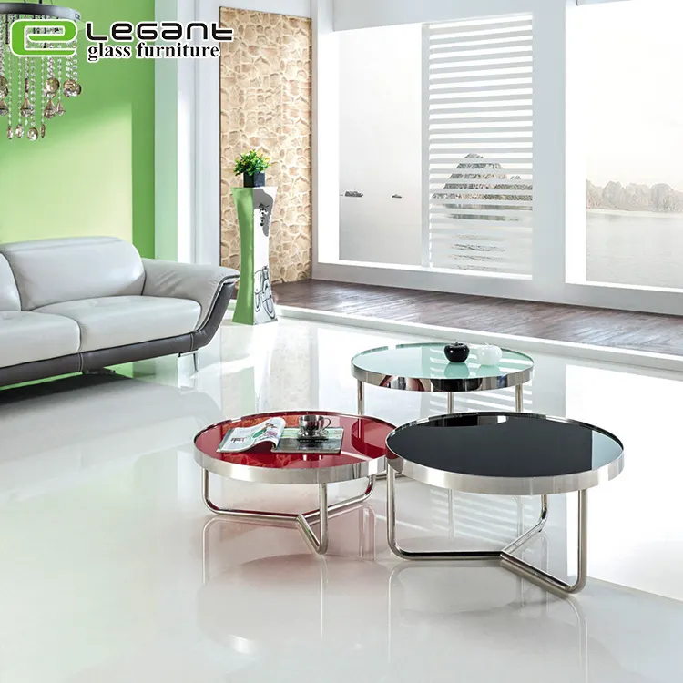 European style stainless steel metal frame glass top coffee table round tea table