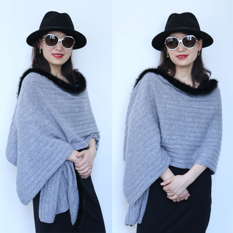 Girls Plain Knitted Mink Stole Fur Trim Tassel Cashmere Rib Yarn Dyed Long Big Shawl Wrap