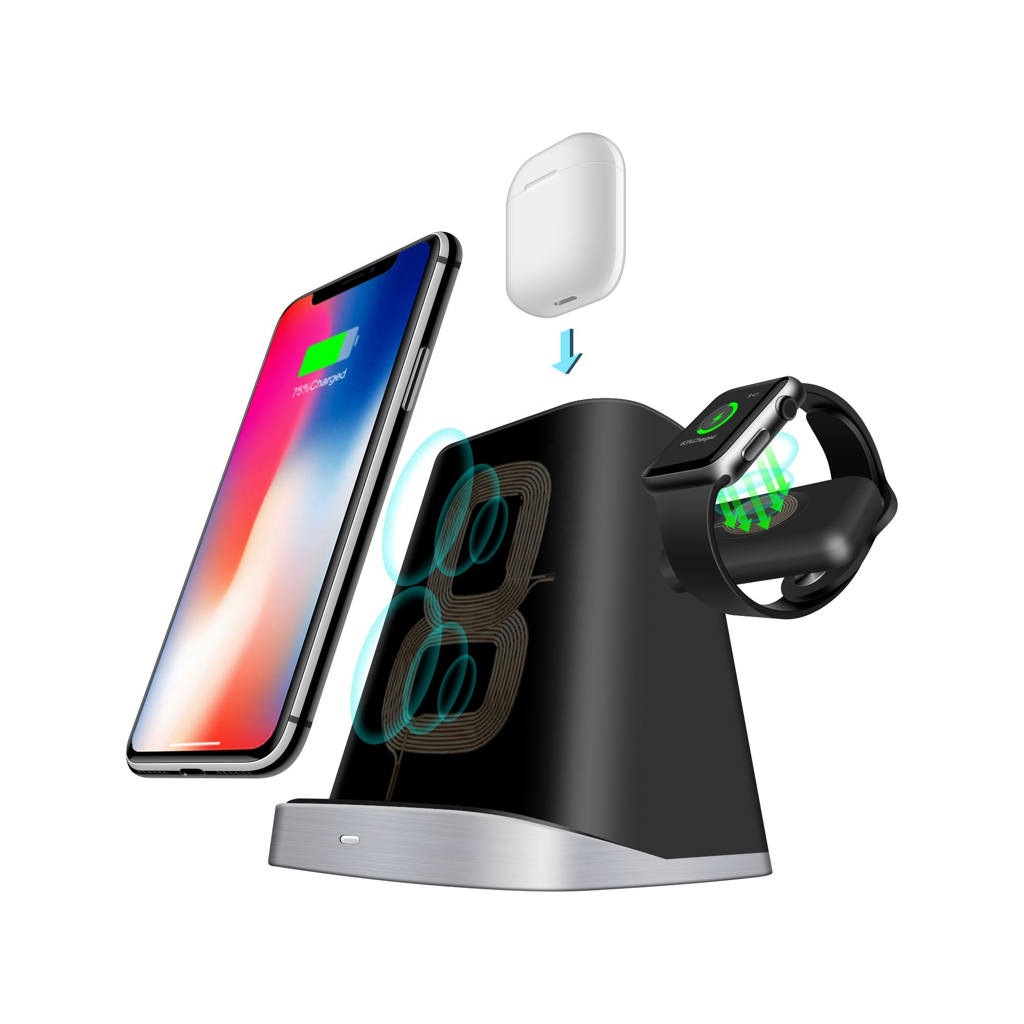 10 Вт 3 в 1 Беспроводное зарядное устройство Подставка для Apple Watch, мобильного телефона, airpod, встроенный 3 катушки