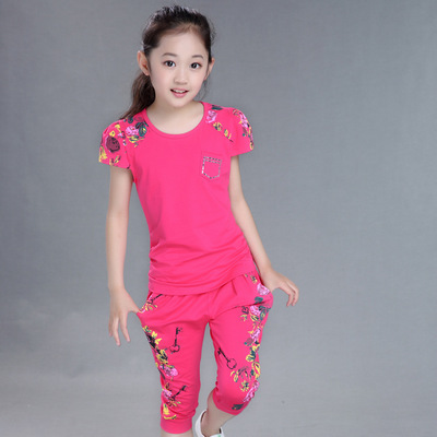 YSMARKET Casual Summer Children Clothing Sets Girls Floral Print Short Sleeve Sport Flower Suit +Pants Set Kids Clothes