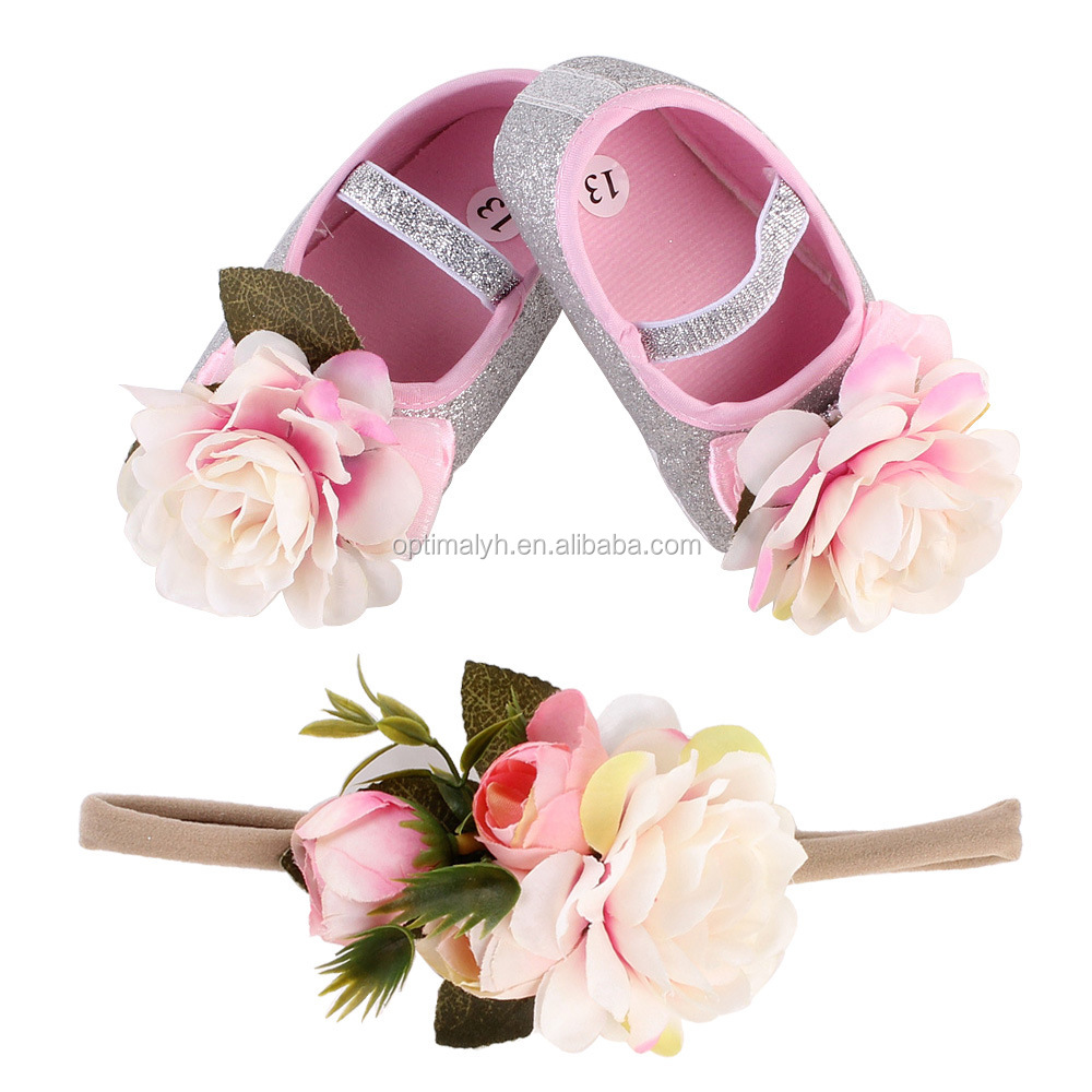 Newborn Baby Girls Shoes Children 3D Handmade Flower Shoes with Sequin Headbands