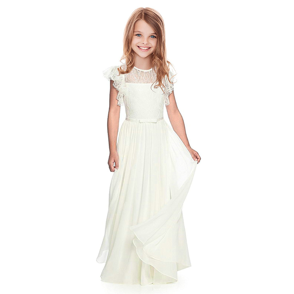 A-line lace flower girls dresses 2018 sleeves white long flower girls dresses for wedding