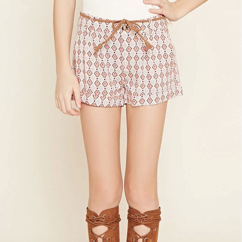 Ecoach Wholesale OEM Custom Little Girl Fresh Geo Printed Rayon Shorts with Zip fly Slanted Front Pocket braided Belt Pants