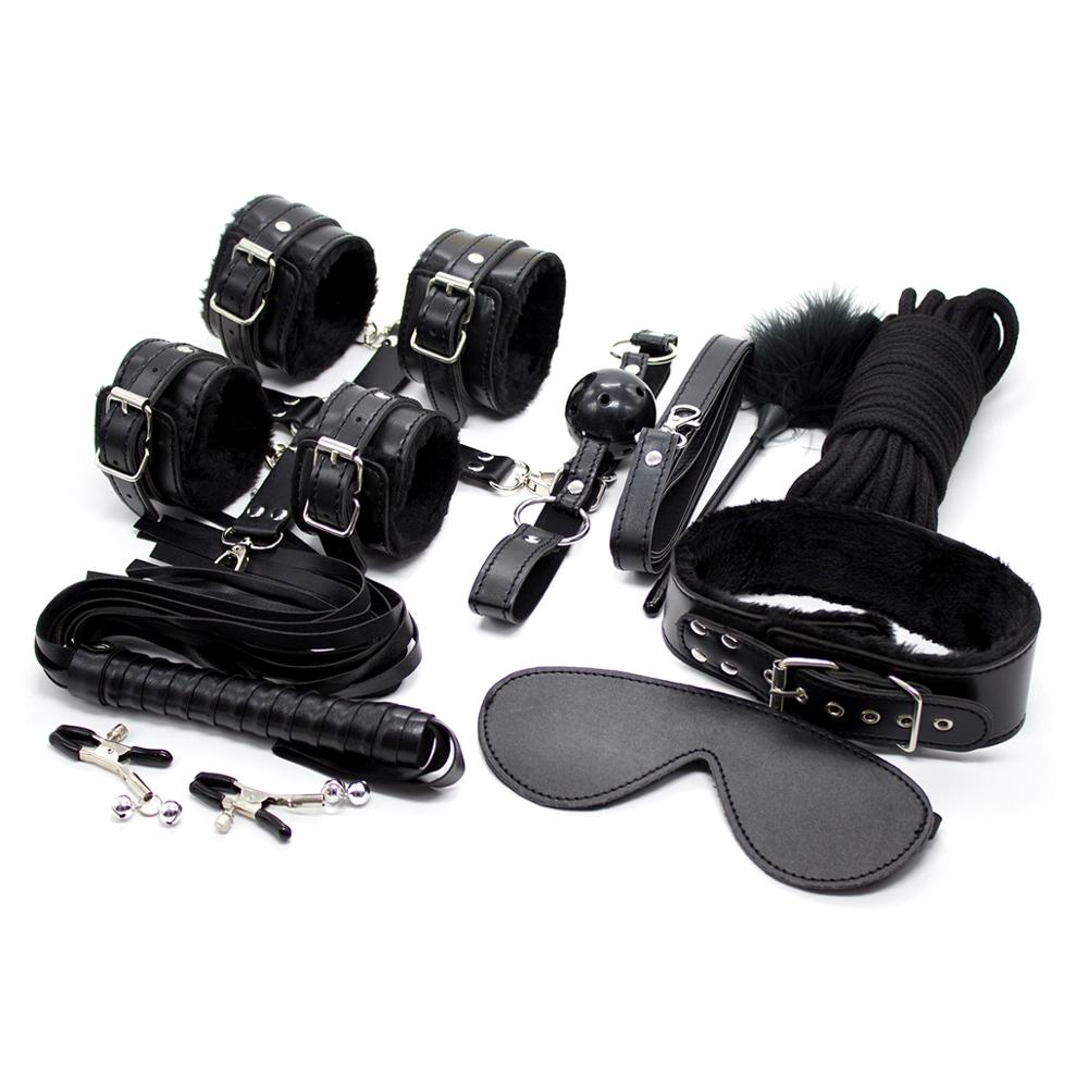 Leather 10pcs Bondage Kit Bed Restraints Slave Fetish Handcuff Toys for Couples Erotic Toys Couples