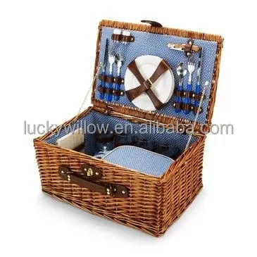 natural rectangular shaped wicker picnic baskets wholesale with blue spot lining and cutlery