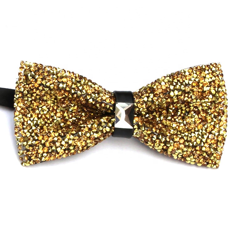 Hot sale top quality party wedding accessory adjustable pre-tied gold glitter rhinestone beaded bow tie for man