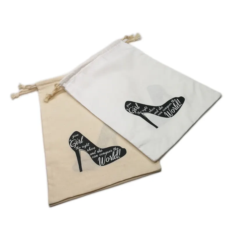 Custom Silk Printed Cotton Muslin Drawstring Travel Shoe Pouch Bag With Logo
