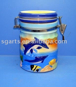 Ceramic seal pot W/Dolphin dolomite glazing canister cookie jar
