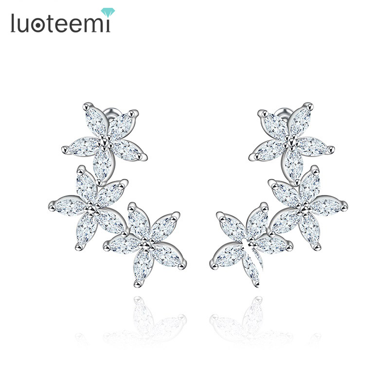 LUOTEEMI Wholesale Luxury White Pure Marquise Cut Diamond Cubic Zirconia Lovely 3pcs Flower Stud