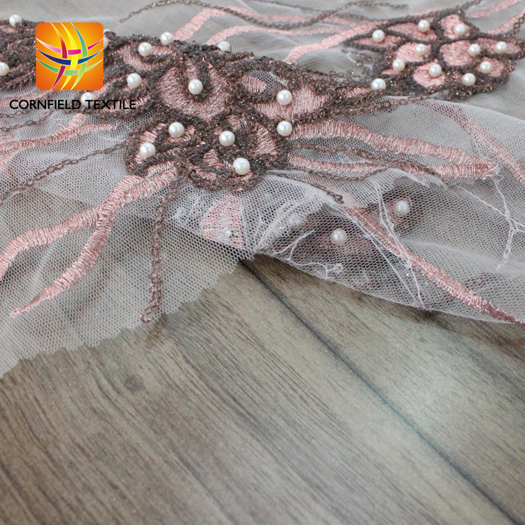 2020 new designs flower embroidery tulle 100 polyester beaded fabric