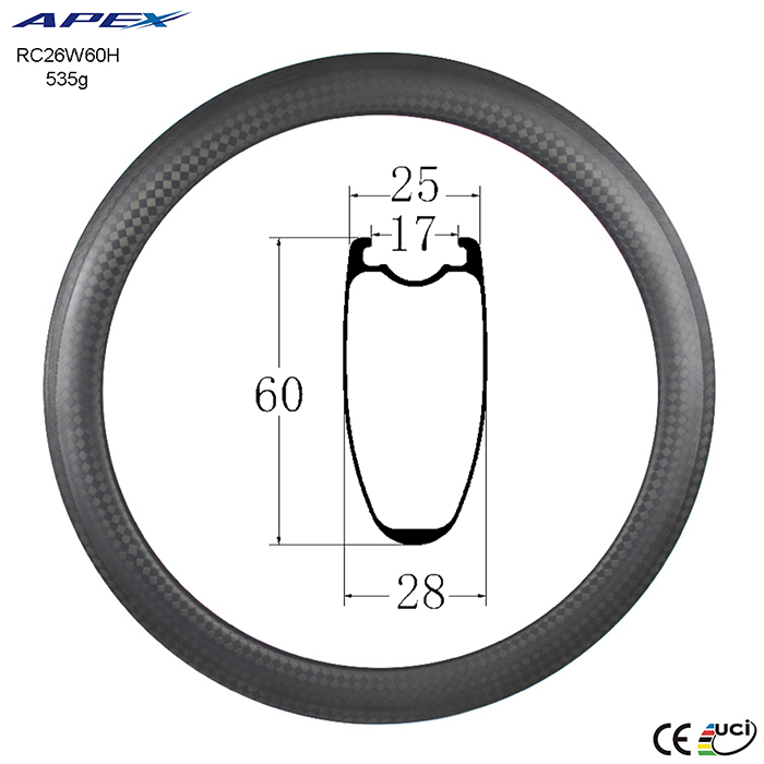 APEX Factory ПРЯМО 700C 60 мм Глубокий углеродный клинчерный обод для дорожного велосипеда для продажи