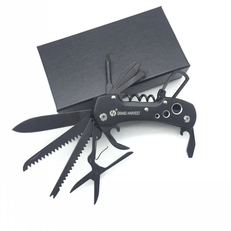 Custom Logo Stainless Steel Survival Army Knife Swiss Pocket Knife 13 in 1 Multi Function Tools Black Box With Nylon Bag