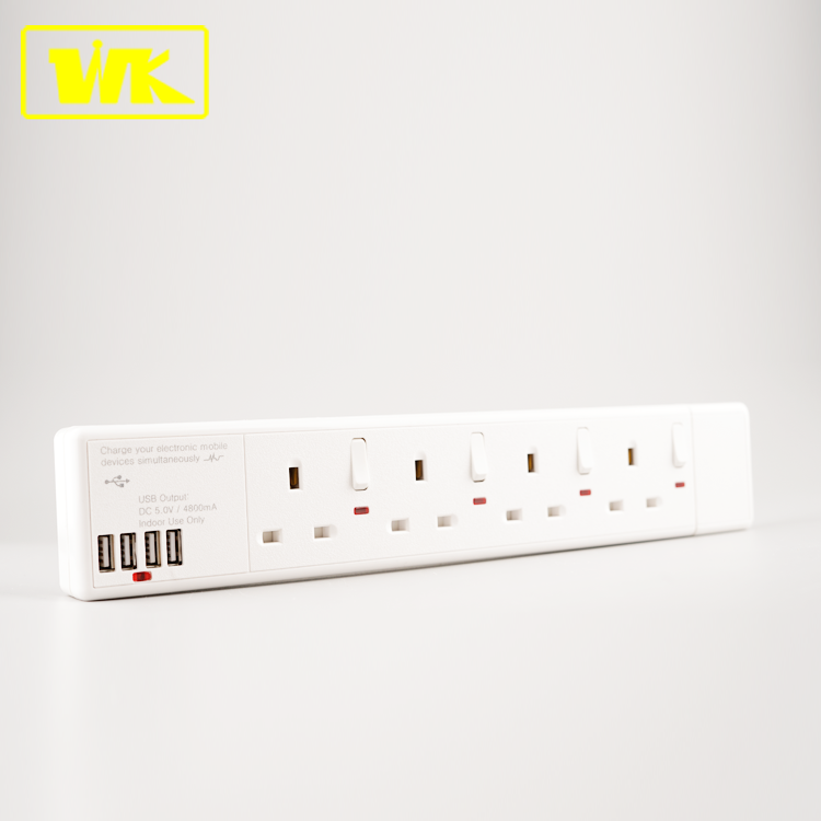 WK 13A 4-полосная розетки питания пропилен-каучука прокладки с 2 USB порта индивидуально Switched удлиненный сокет с неоновым звездным свечением, индикатор
