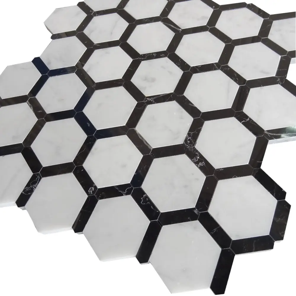 Black And White Marble Mosaic Hexagon Floor Tile