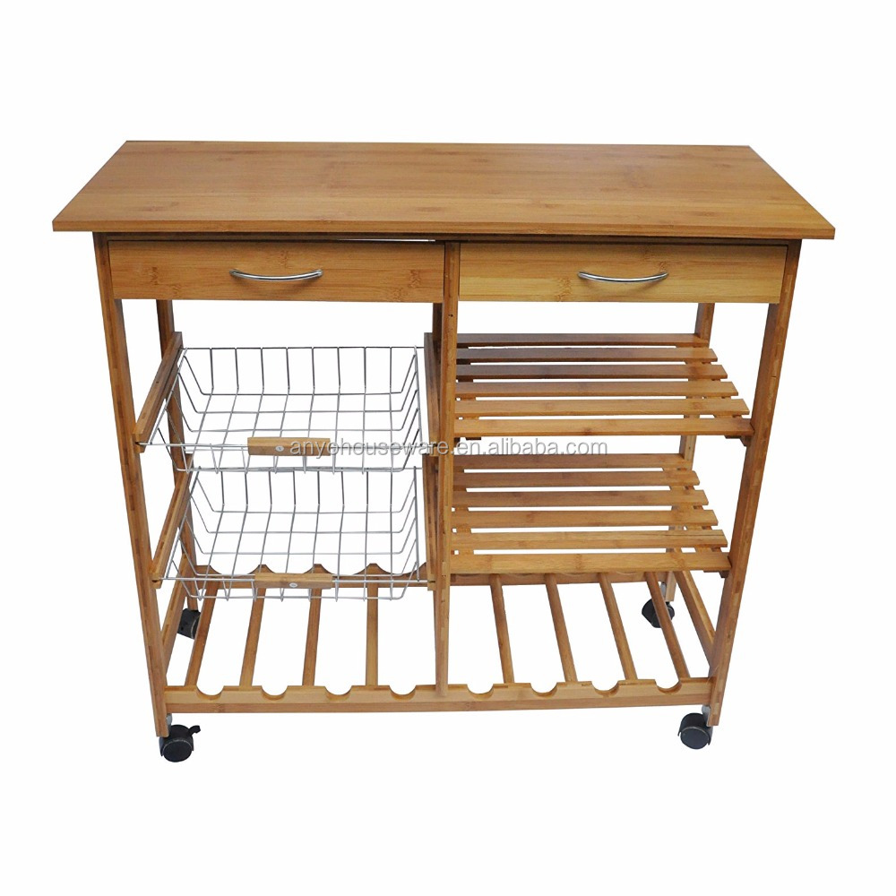 Kitchen Storage Bamboo Serving Cart Trolley With Wheels