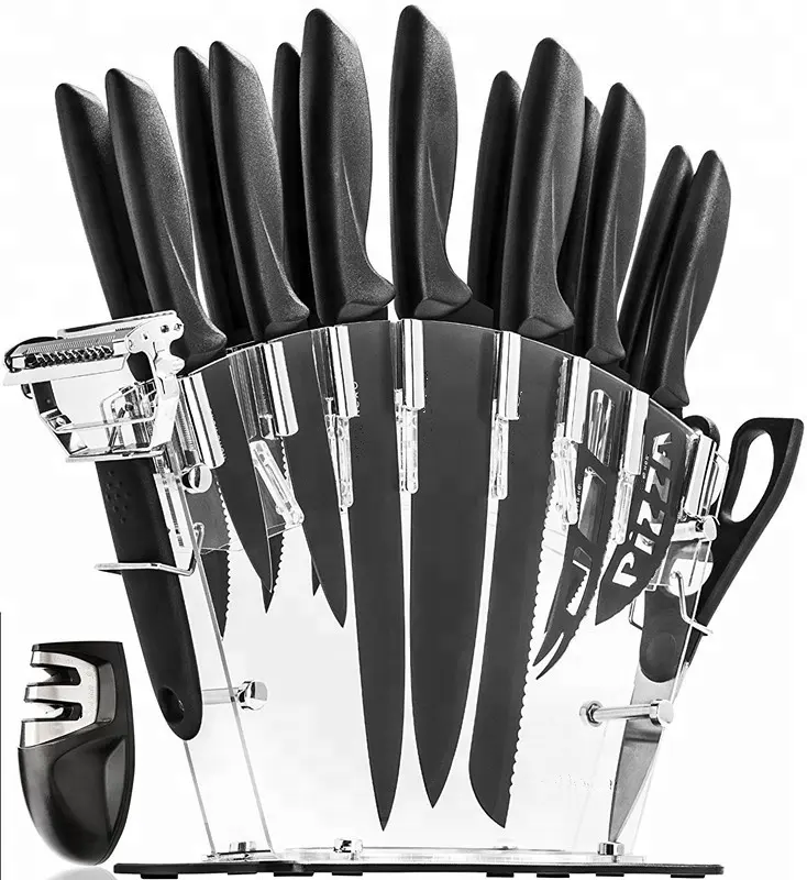 Hot selling Black Blue 17 Piece Stainless Steel Kitchen Knife Set with Sharpener Knife Set with Block