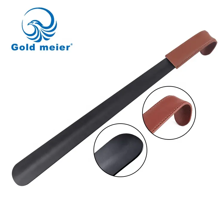High quality stainless steel shoe horn with black coating and leather strap