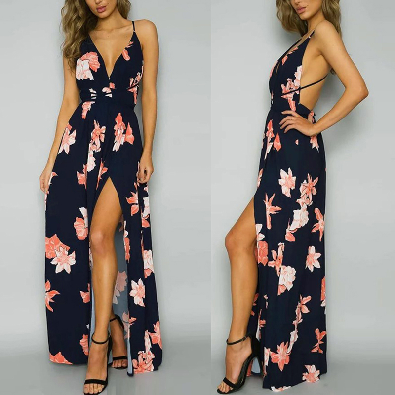 Печатные Спагетти ремень V шеи backless длинное платье