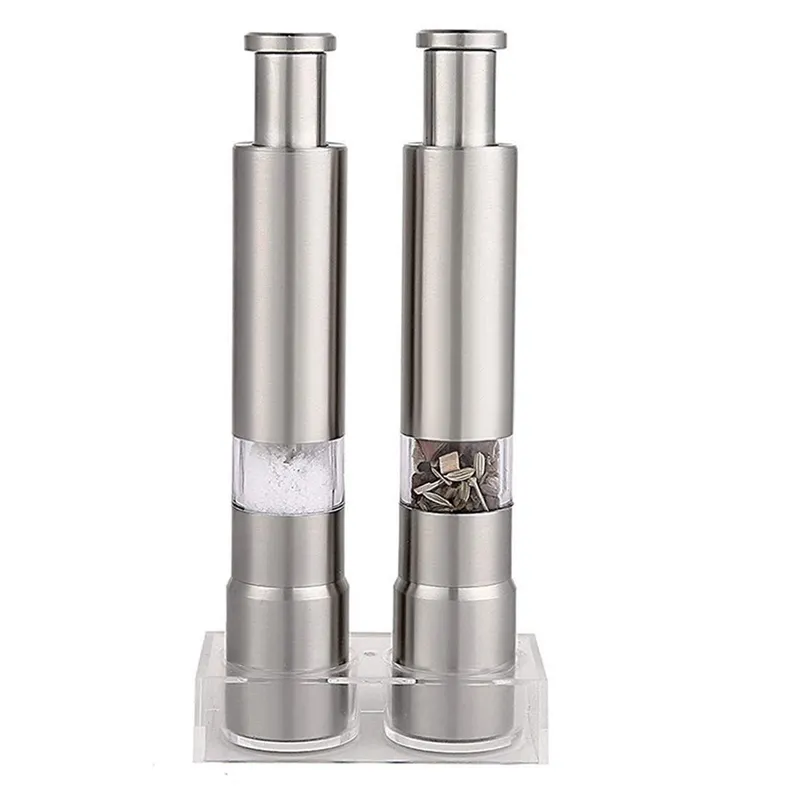 Salt And Pepper Grinder Set of 2 Stainless Steel Pump One Hand Operated With Stands Mini Thumb Push Mill