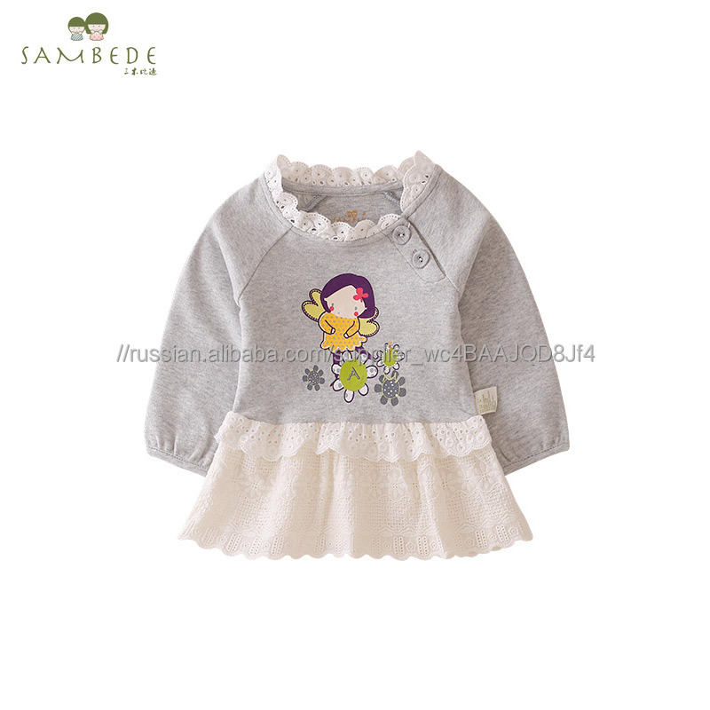 Sambede для маленьких девочек Printed Lace-с длинным рукавом Футболка с Hemlines хлопок frabic для осени SM6Q5979