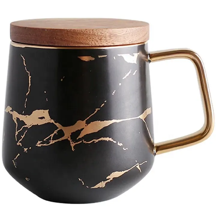 Black Ceramic Mug Noble Hot Sale Western Black Color Marble Gold Plated Ceramic Mug With Lid