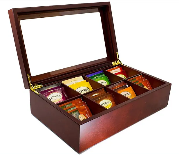 Wooden Tea Storage Chest Box with 8 Compartments and Glass Window