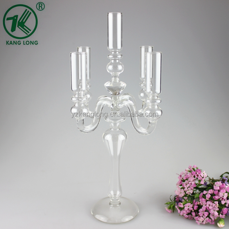 High quality Hand blown 5 arms glass clear candelabra for wedding table centerpieces