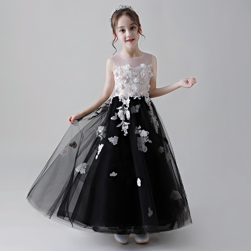 Black Cute Spaghetti Handmade Flower Girls Dresses Long Dresses for Girls Floor Length A Line Baby Girl Party Dresses
