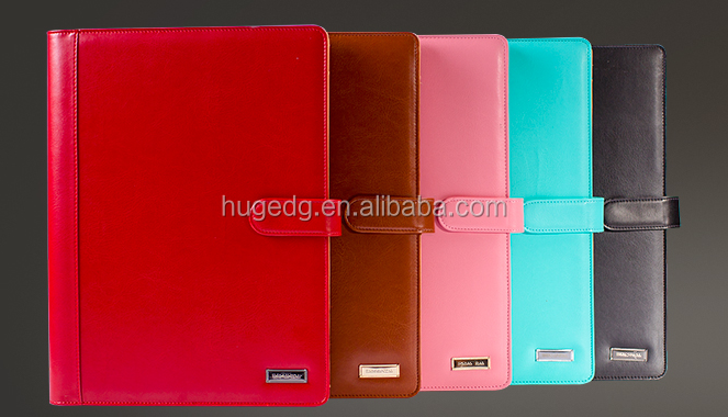 Custom pink A4 zipper closure ring binder pu leather portfolio with inner PVC pages