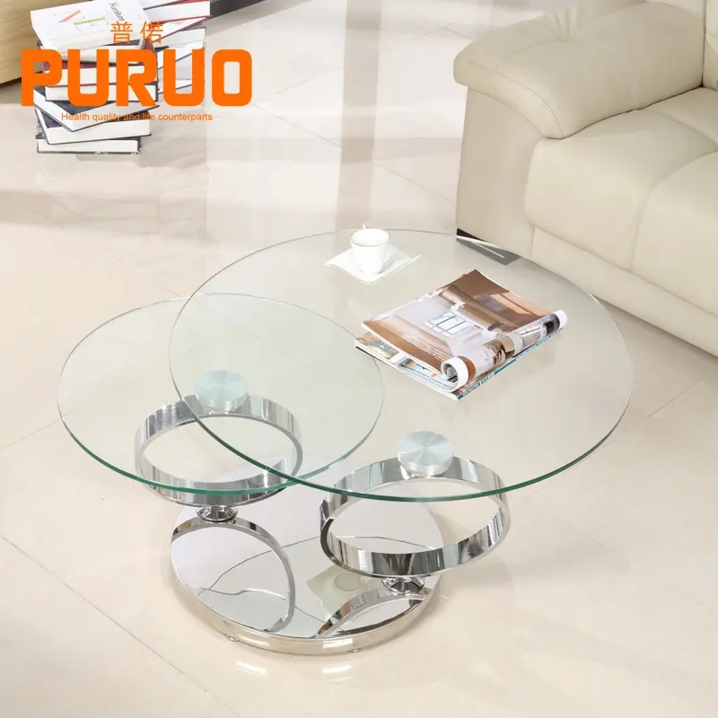Living room furniture center table stainless steel tempered revolving glass golden coffee table