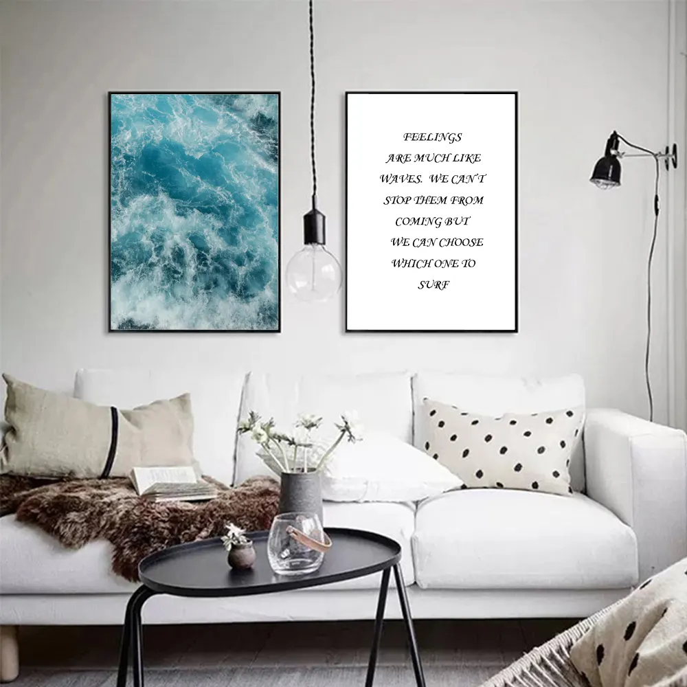 Unframed Nordic Style Canvas Print Painting Posters of Sea Water Waves and Quote,Wall Pictures For Living Room